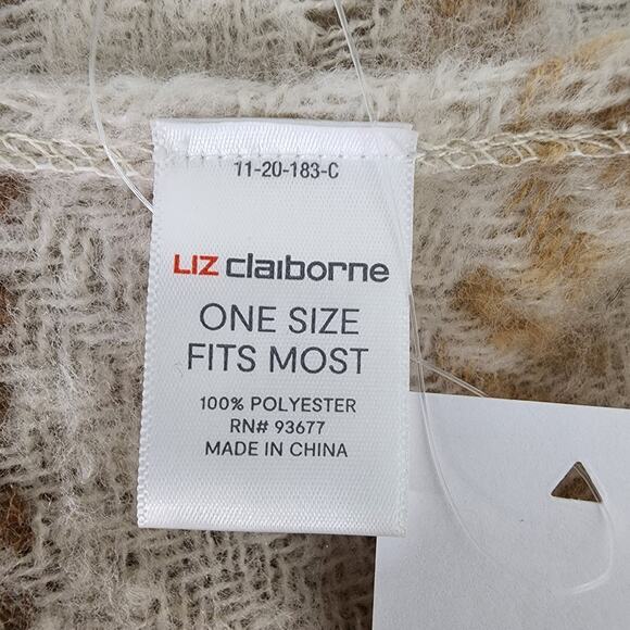 Liz Claiborne Belted Poncho Wrap Womens One Size OS Fringe Plaid Neutral Ivory - Picture 10 of 12